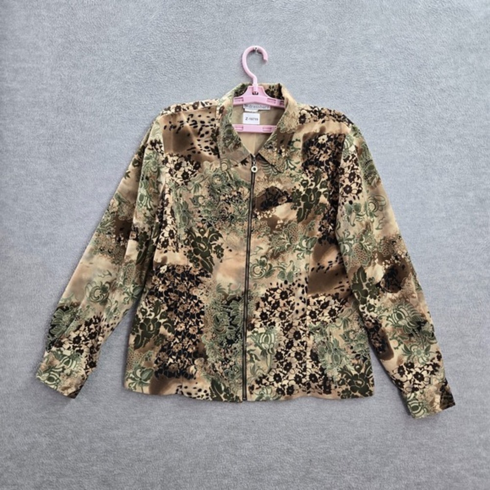 VINTAGE Dressbarn Women Jacket L Brown Green Floral Paisley Tie Dye Full Zip